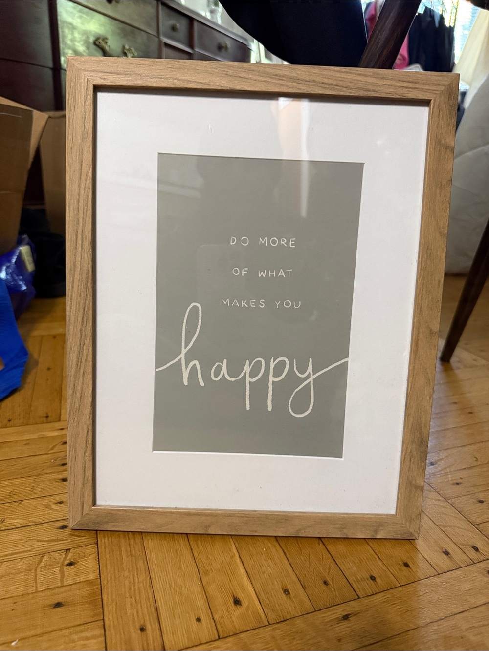Framed "Happy" Wall Art Print in Natural Wood Frame